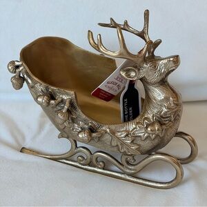 Gold Tone Reindeer Sleigh Wine Holder